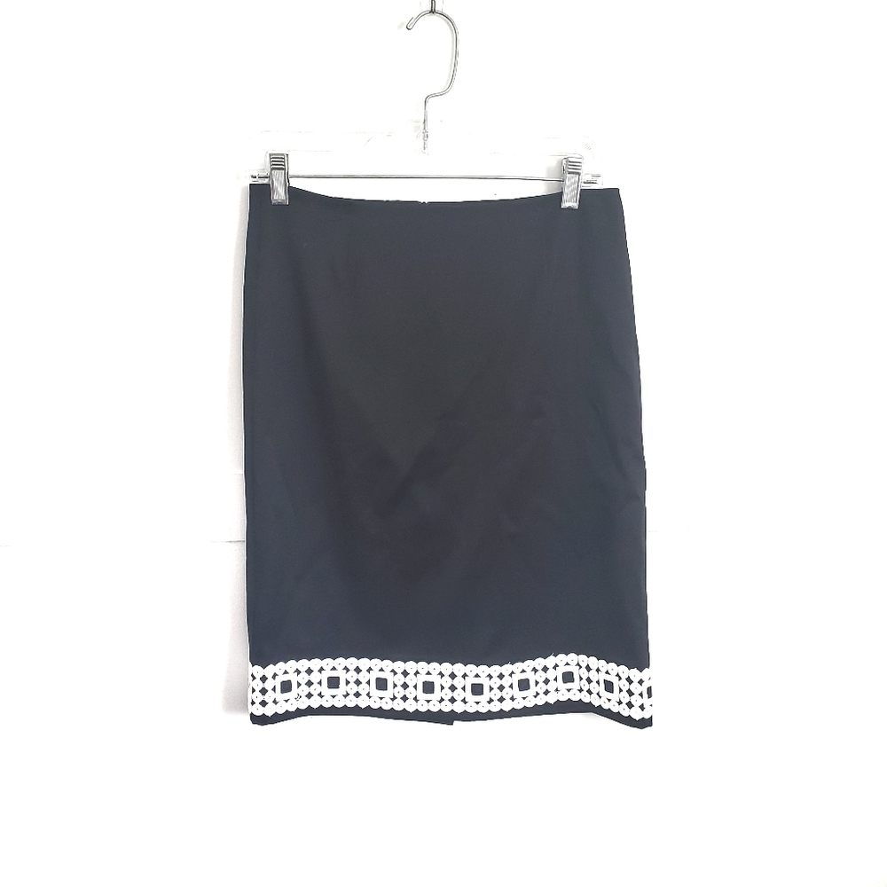 Trina Turk Black Pencil Skirt w White Embroidery